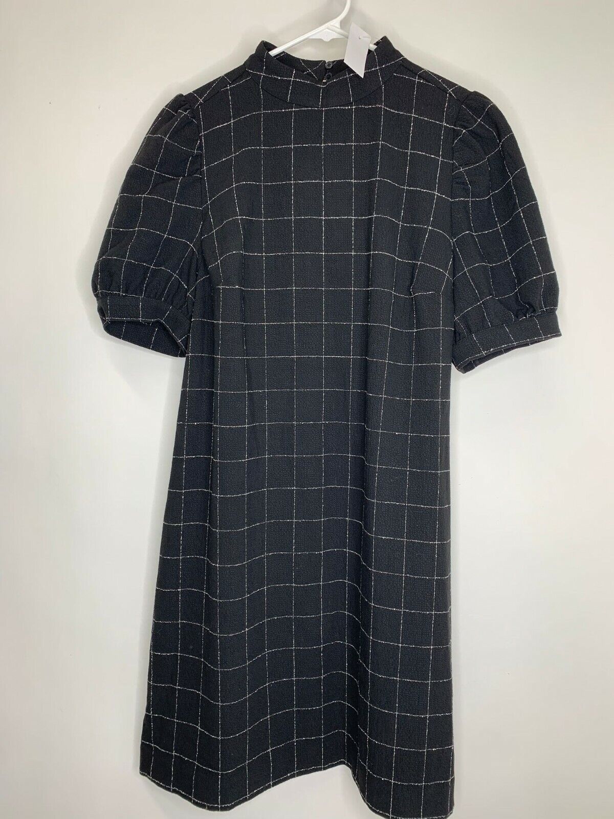 Loft Womens 6 Black White Windowpane Plaid Puff-Sleeve Shift Dress Mock Neck