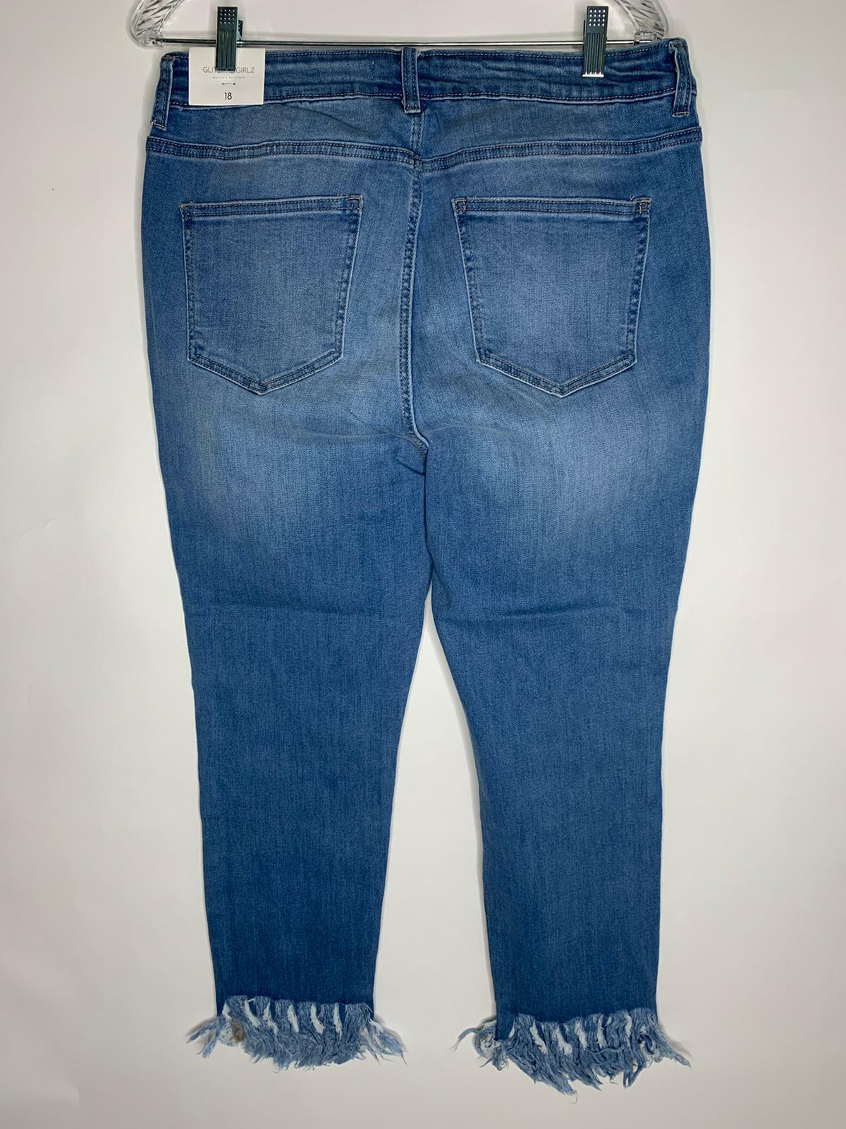 Glitzy Girlz Womens 18 Jamey Medium Wash Denim Jeans Ripped Fringe Raw Hem