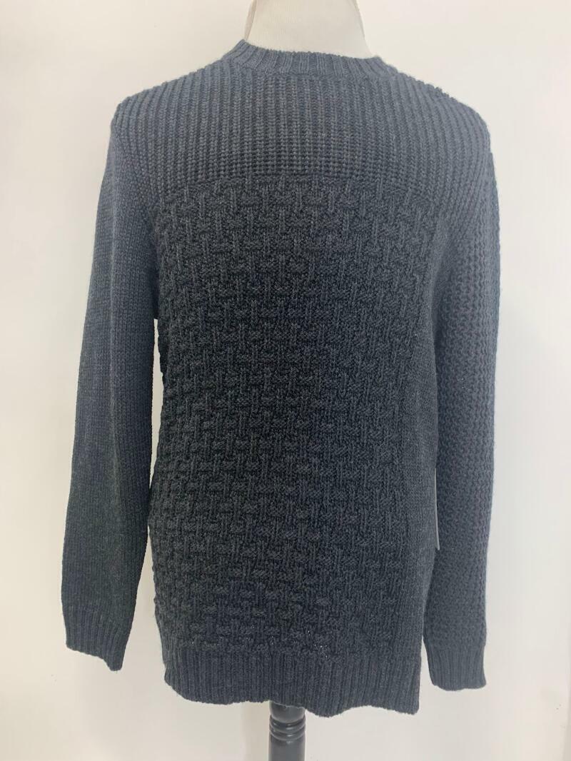 BLDWN Baldwin Mens L Charcoal Black Tierney Crew Neck Wool Sweater Cable Knit