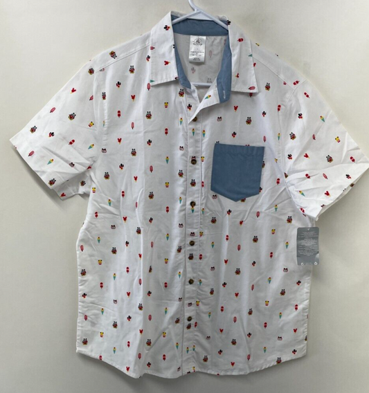 Disney Mens L Mickey Mouse Summer Fun Woven Button Up Shirt White Popsicle