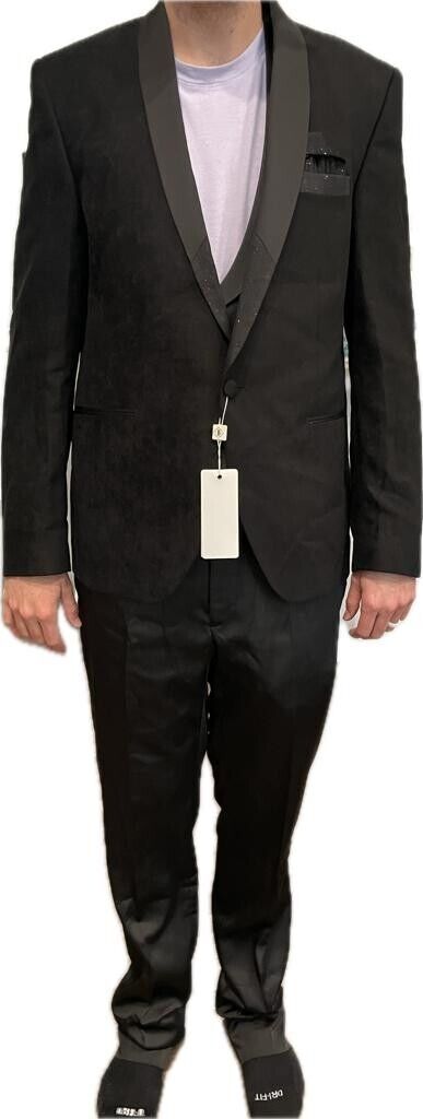 Baggi Mens 44R Black Shawl Collar Velvet 3 Piece Suit Sparkle Satin Sal Yaka