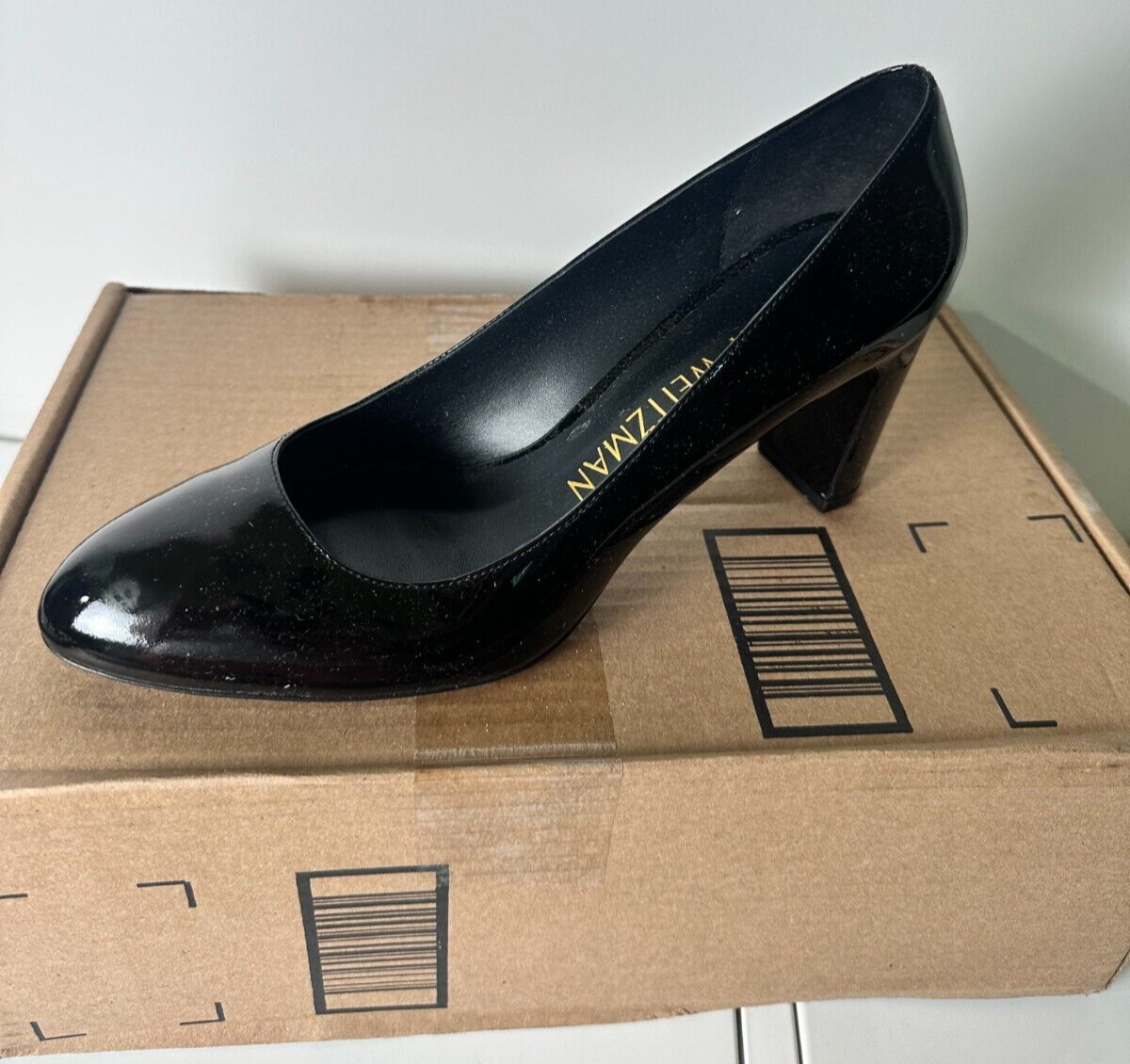 Stuart Weitzman Women's 8 Vida 75mm Patent-Finish Block Heel Pumps Shoes Black
