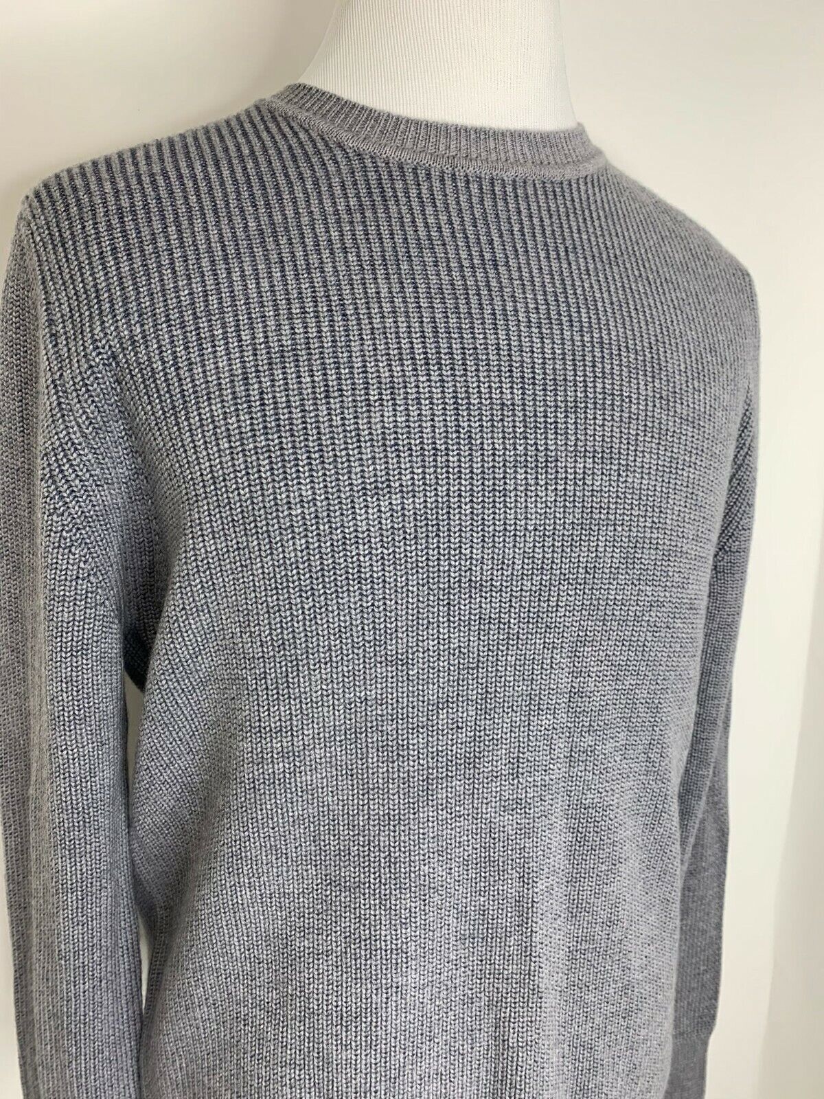 Canali Mens 58 Gray Navy Ribbed Merino Wool and Cotton Crewneck Sweater Italy