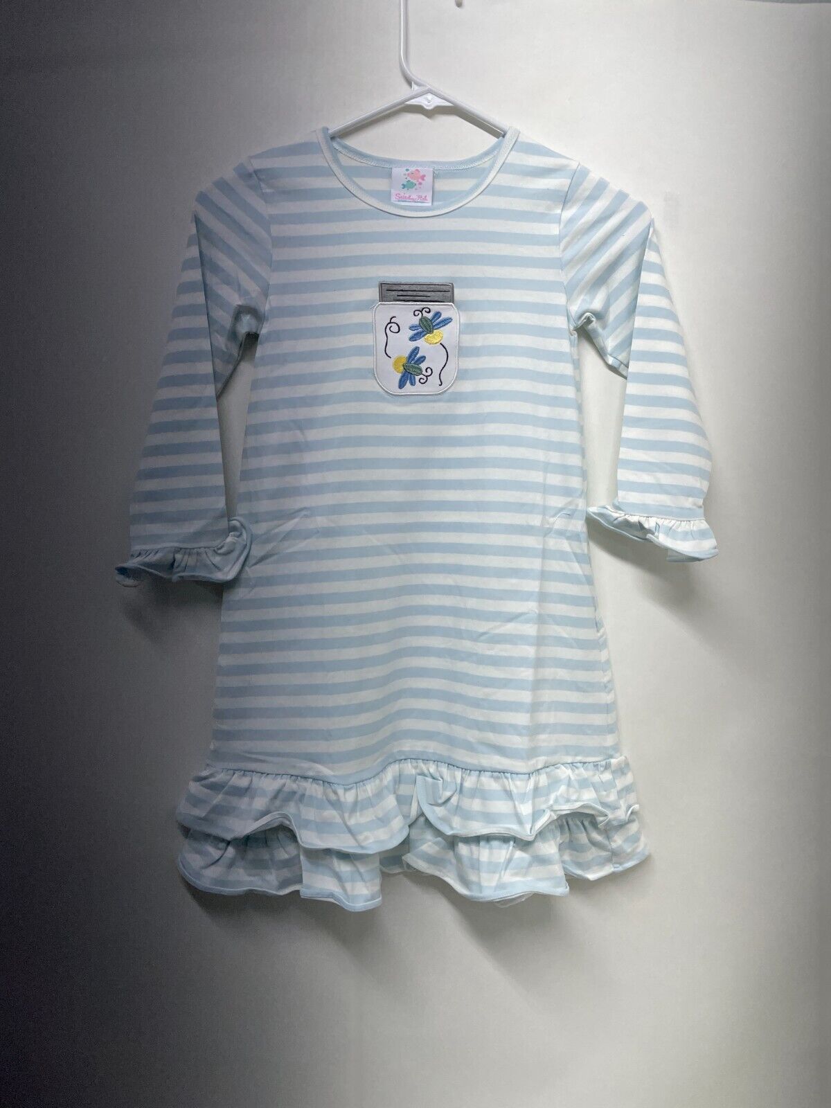 Stitchy Fish Kids Girls 6 Lightning Bug Lantern Dress Blue Striped Ruffled Hem