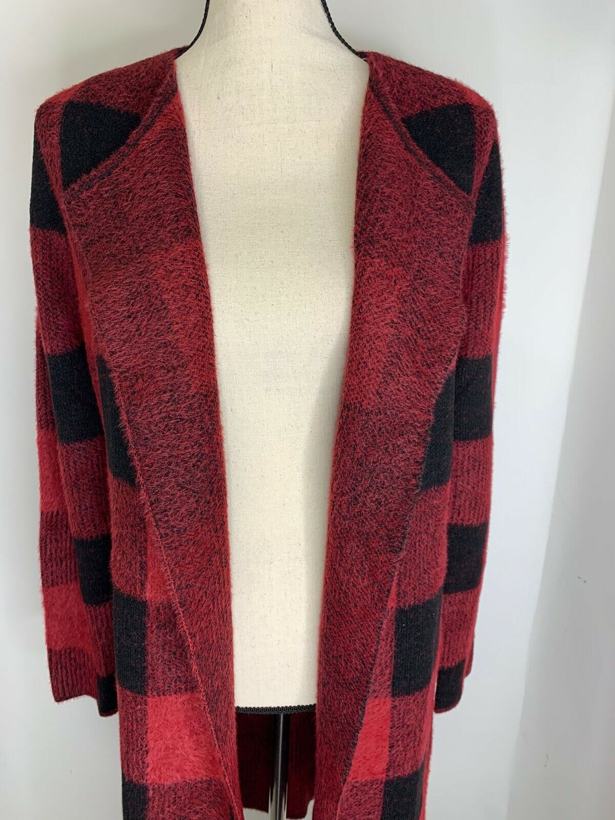 Through the Country Door Womens M Buffalo Plaid Eyelash Sweater Duster Cardigan
