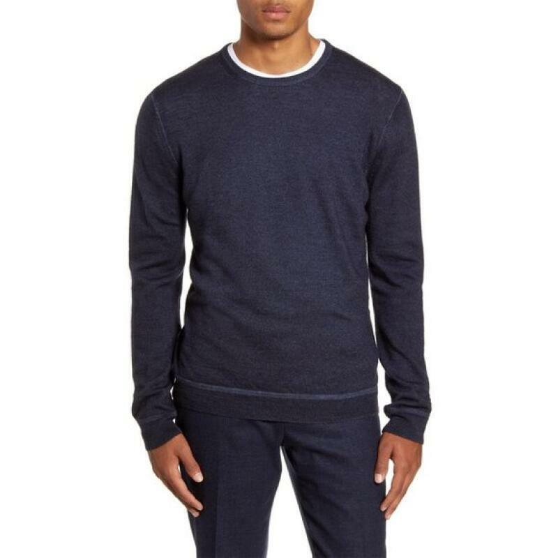 Nordstrom Signature Mens S Navy Blue Merino Wool Garment Dye Crewneck Sweater