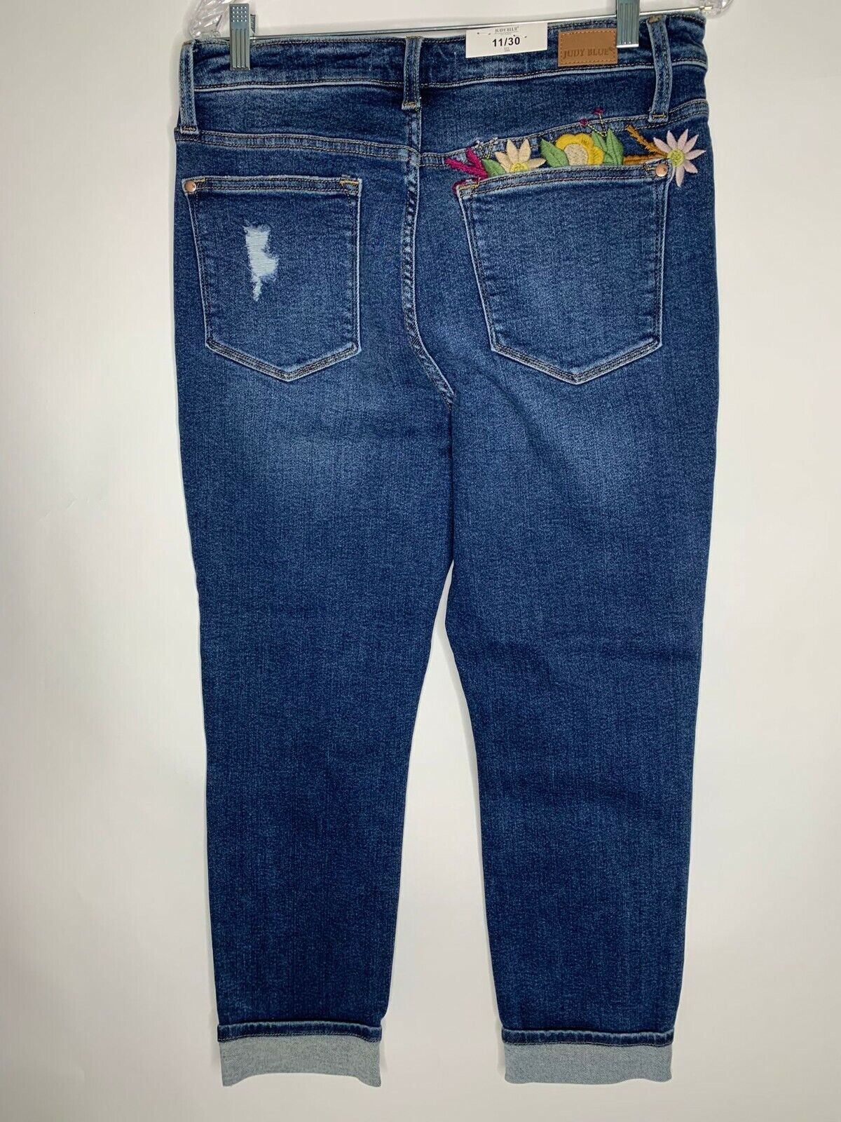Judy Blue Womens Dark Wash Floral Embroidered Boyfriend Jeans High Rise