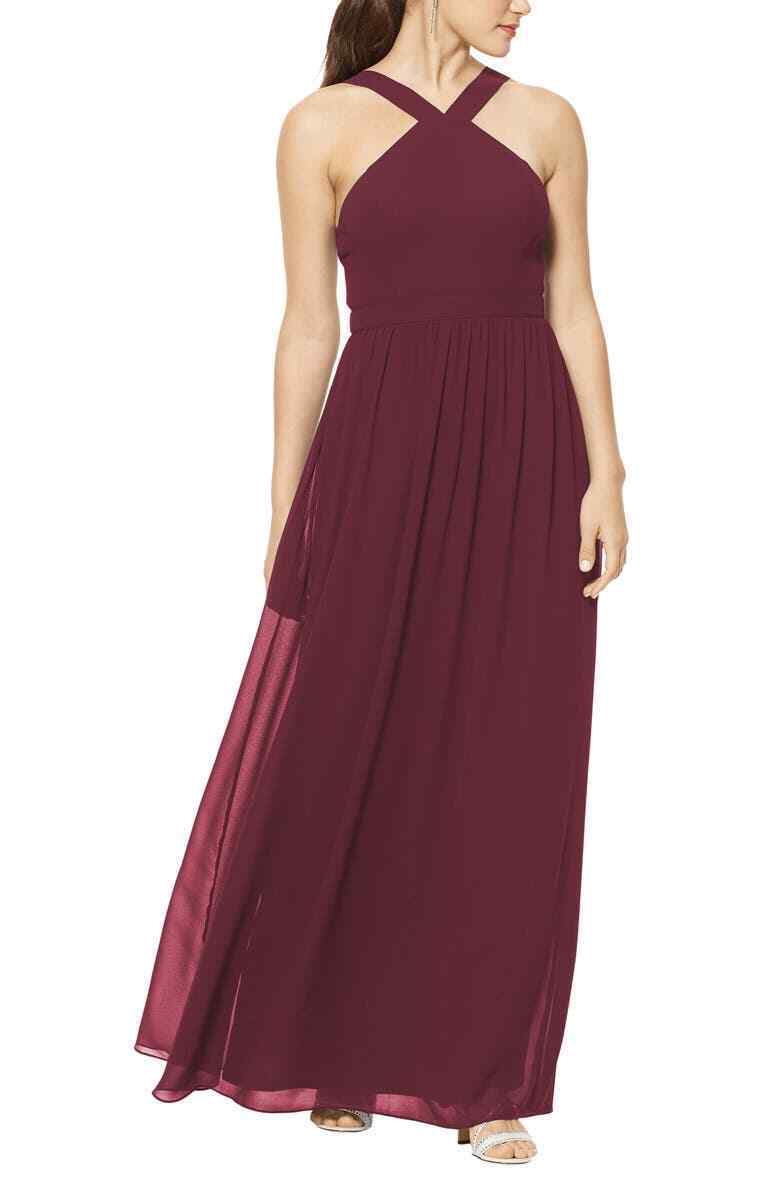 Levkoff Womens 4 Wine Red Halter Chiffon A-Line Gown Wedding Bridesmaid Dress