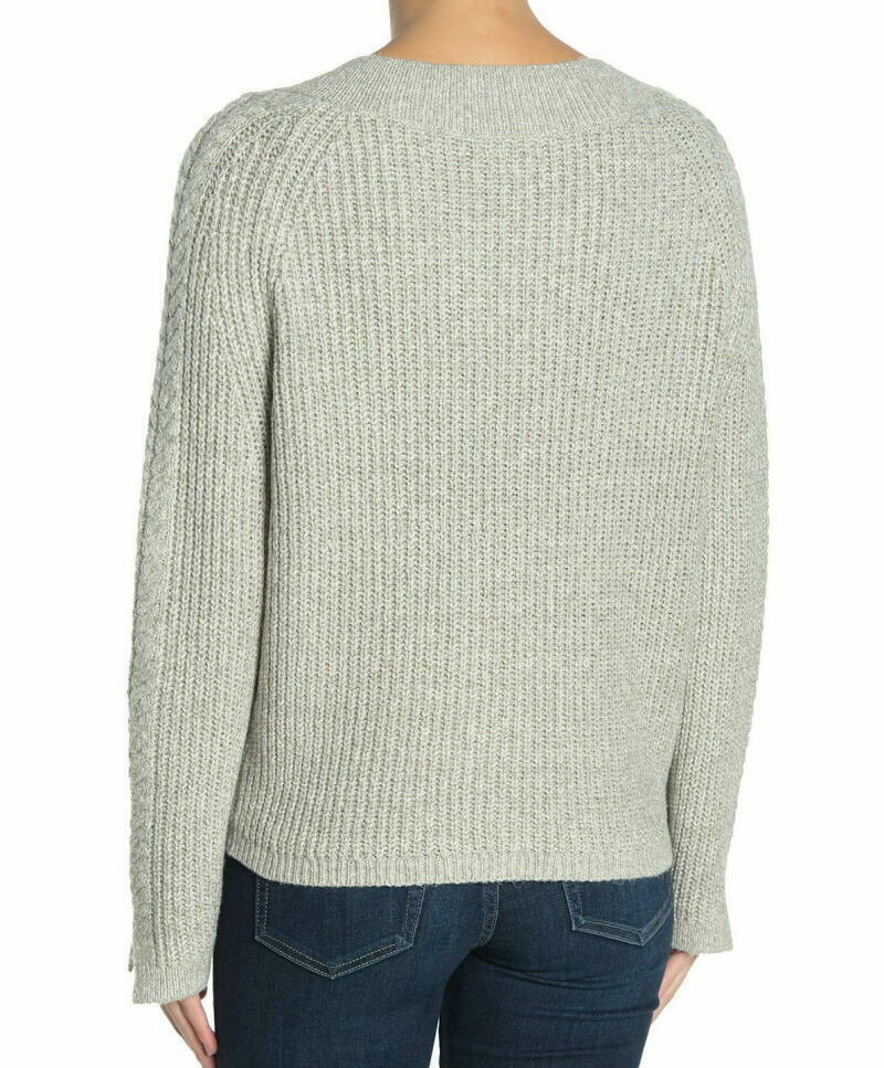 Abound Womens L Heather Gray Cable Knit Fringe Pullover Sweater Gray V-Neck
