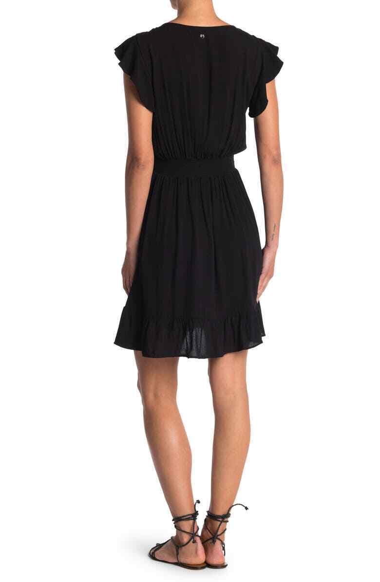 Maaji Womens M Black Swan Cap Sleeve Dress Beaded V Neck Surplice Beach Cover Up