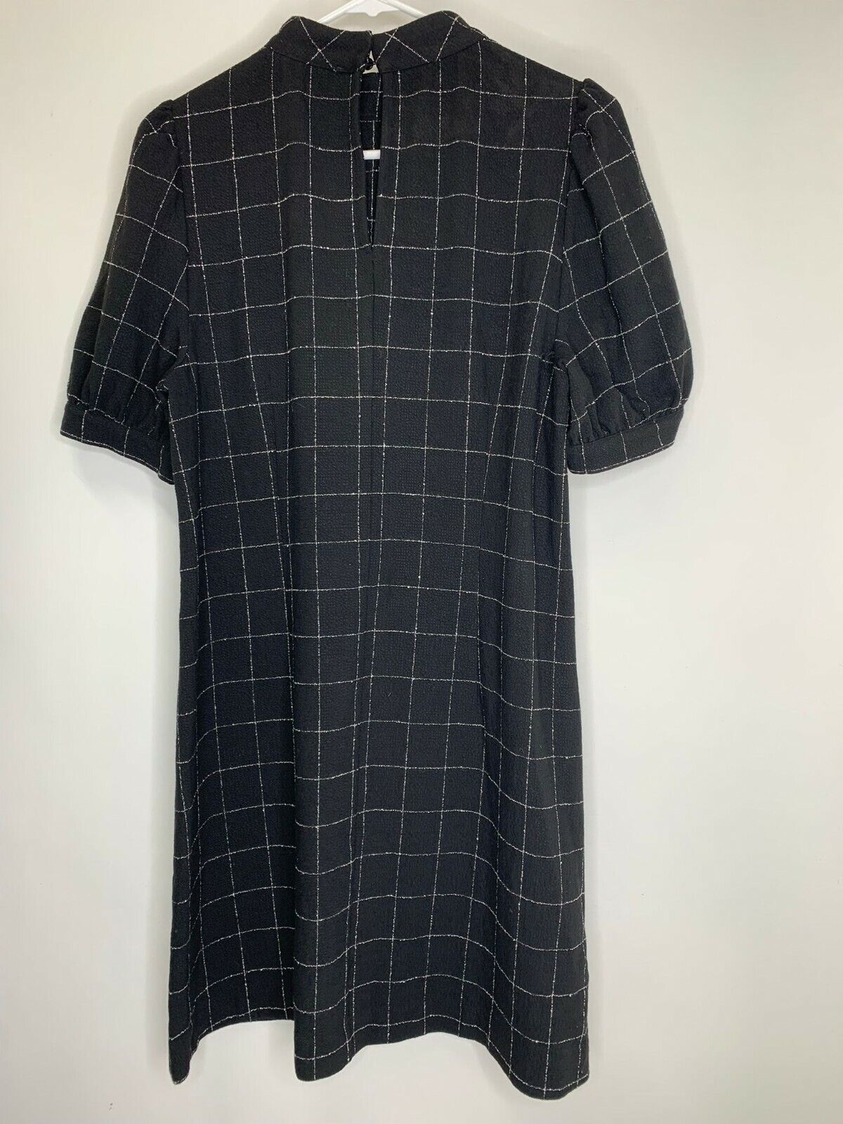 Loft Womens 6 Black White Windowpane Plaid Puff-Sleeve Shift Dress Mock Neck