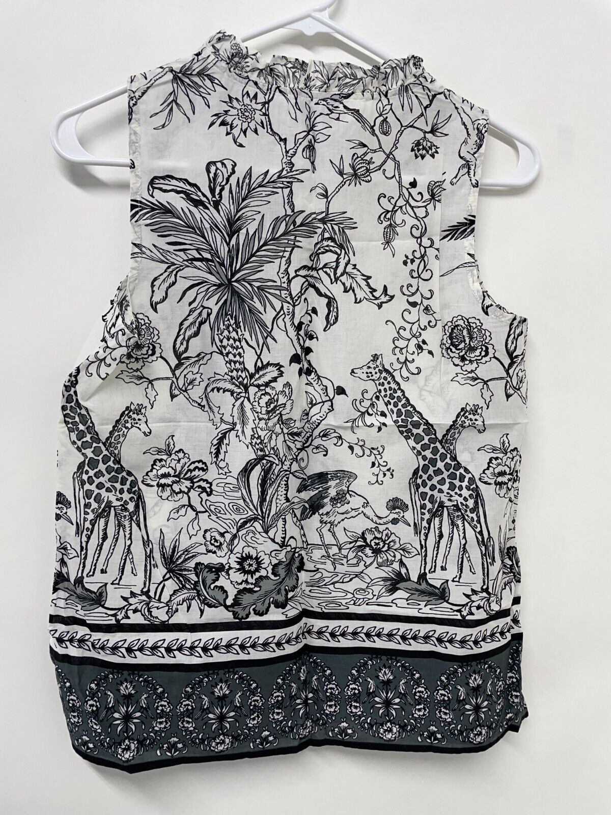 Talbots Women's P Ruffle Trim Jungle Friends Blouse Ivory/Black Sleeveless NWT