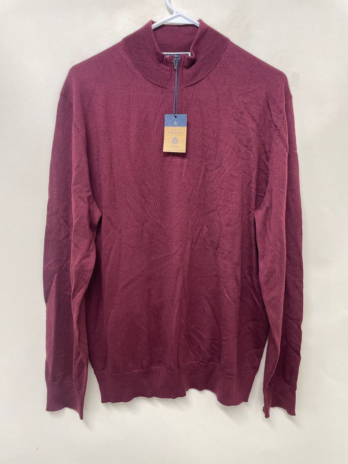 Charles Tyrwhitt Men L Pure Merino 1/4 Zip Neck Jumper Sweater Burgundy Pullover