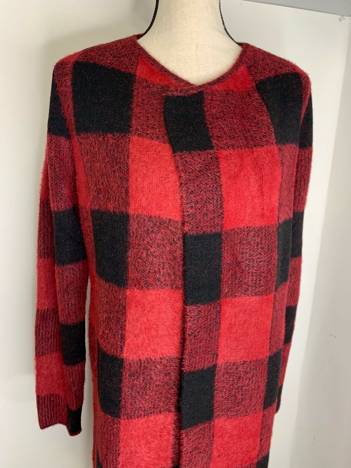 Through the Country Door Womens M Buffalo Plaid Eyelash Sweater Duster Cardigan