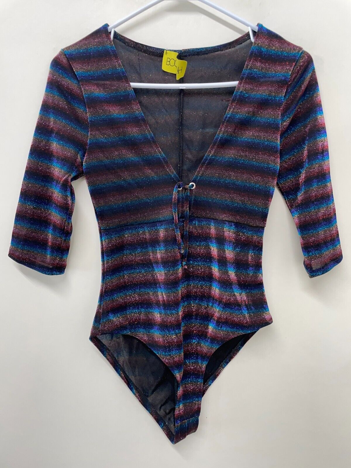 Boodwah Womens Shimmer Rainbow Striped Bodysuit Festival RaveV-Neck Eras Swiftie