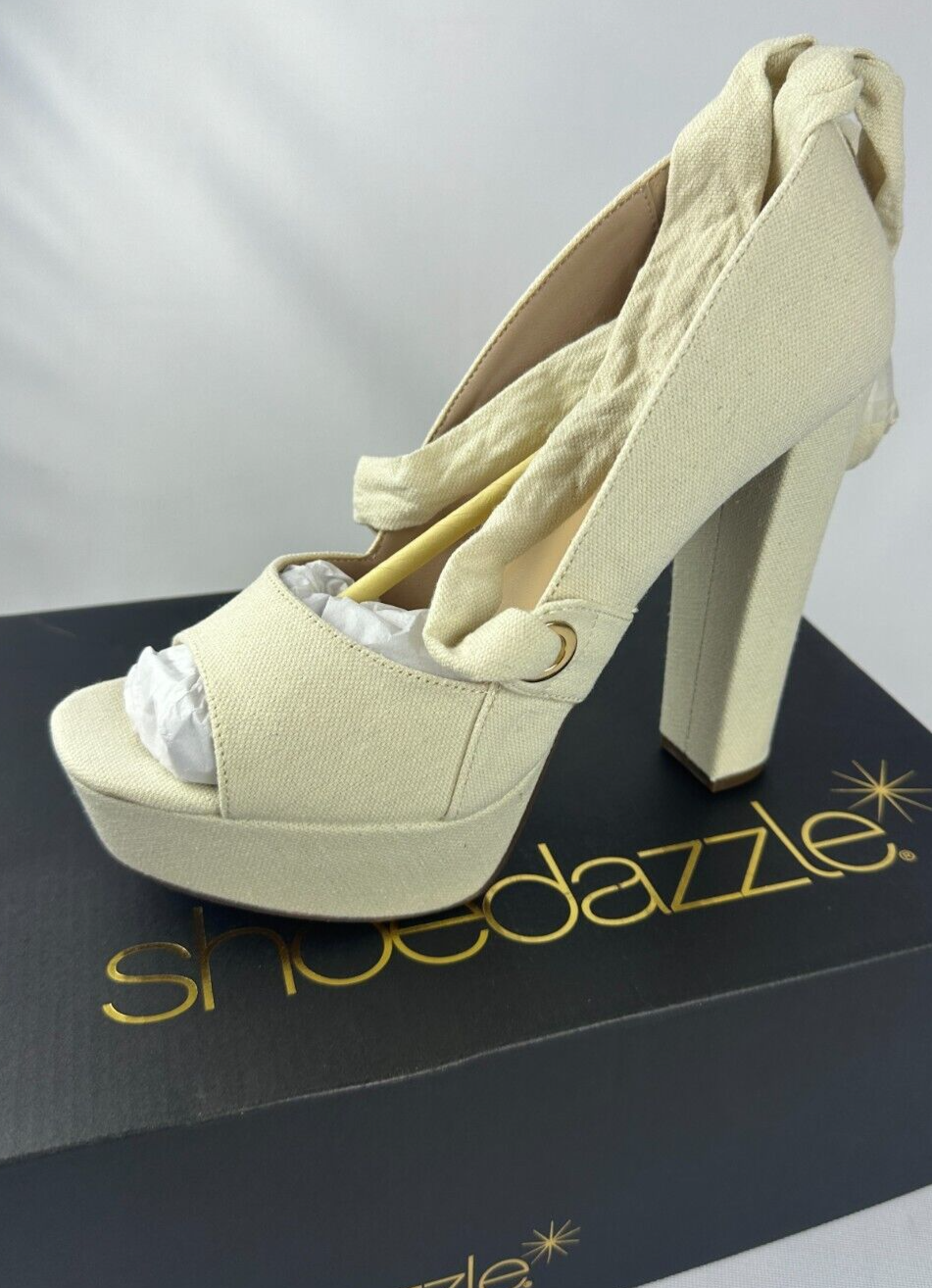 ShoeDazzle Womens 9 Takkara Natural Linen Platform Block Heels Open Toe