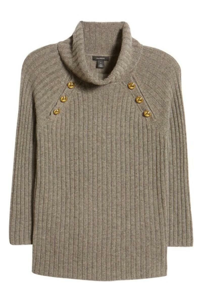 Halogen X Atlantic-Pacific Womens S Taupe Brown Button Detail Turtleneck Sweater