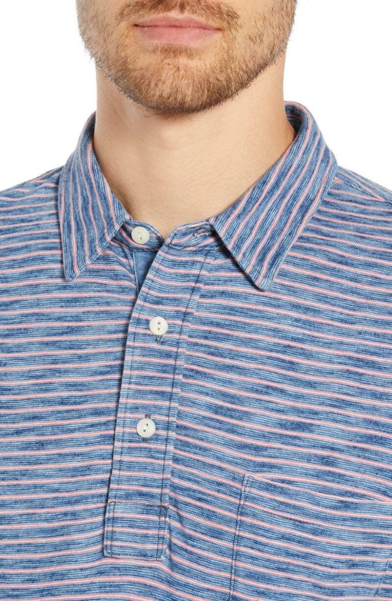 Faherty Mens XXL Baypoint Stripe Feeder Stripe Jersey Polo Slub Indigo Shirt