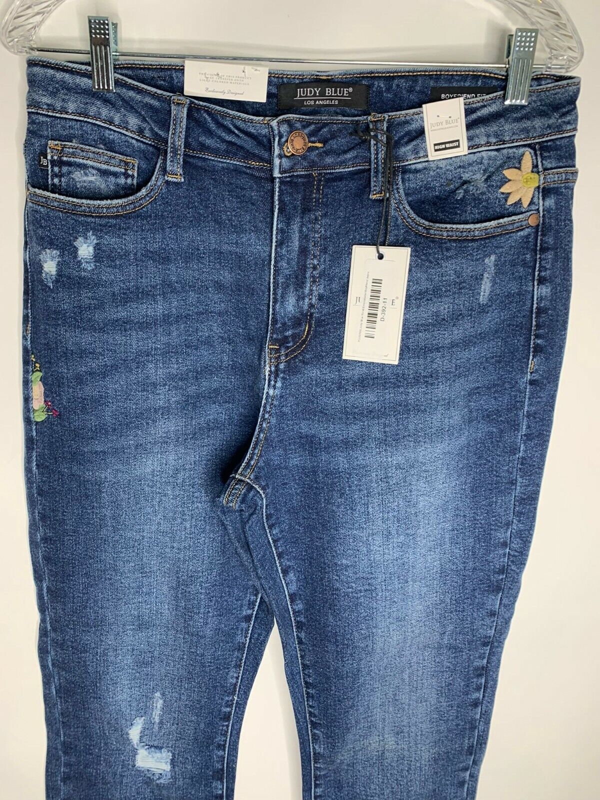 Judy Blue Womens Dark Wash Floral Embroidered Boyfriend Jeans High Rise