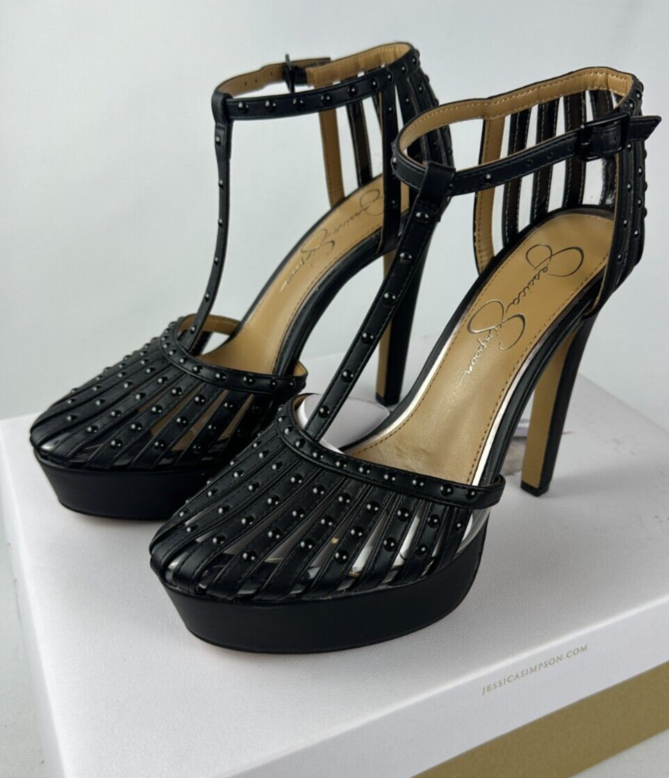 Jessica Simpson Womens 8 Bakir Black Ankle Strap Almond Toe Stiletto Heel
