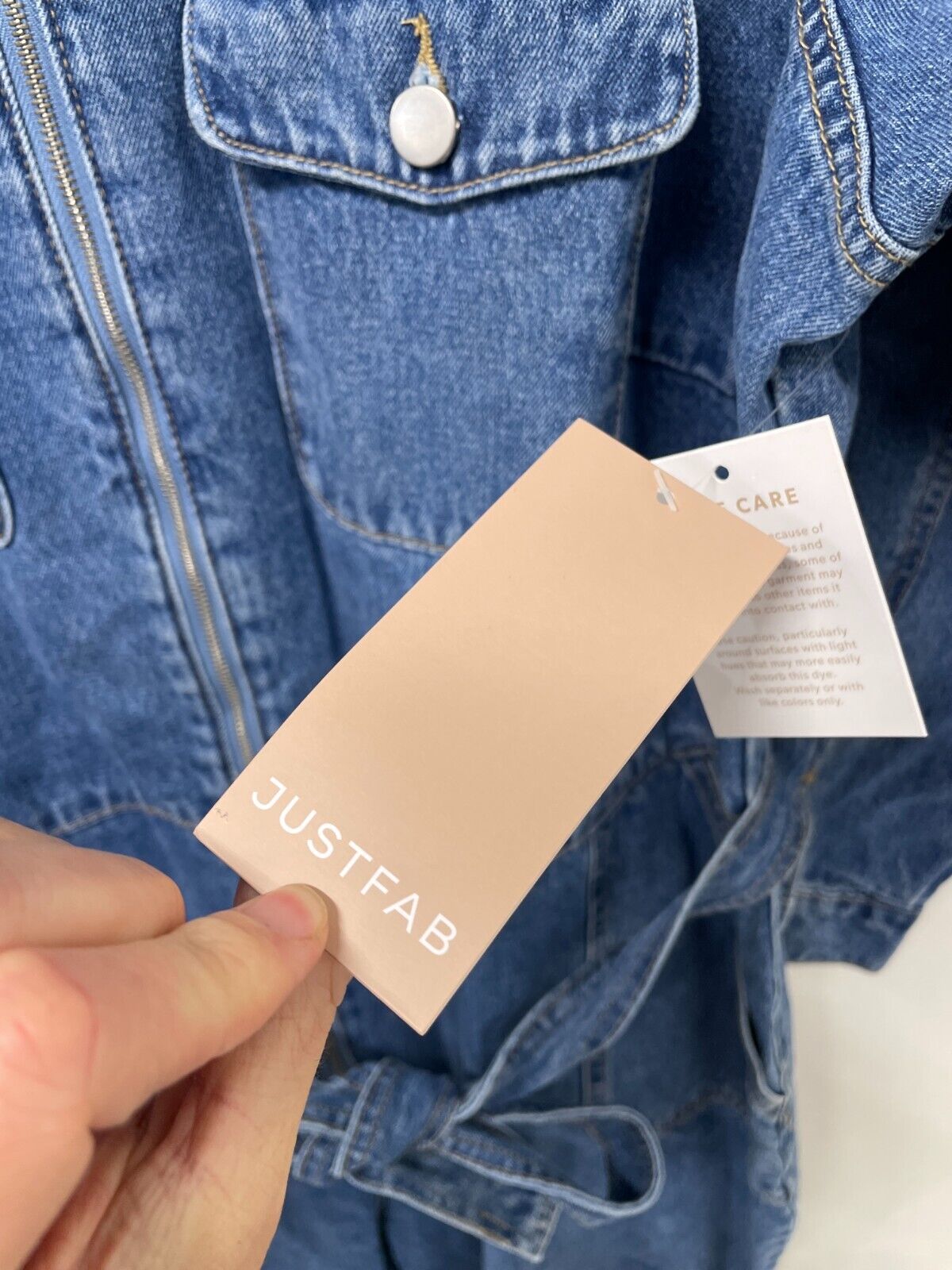 JustFab Womens 3X Zip Front Waist Tie Long Sleeve Denim Jumpsuit Blue Collared