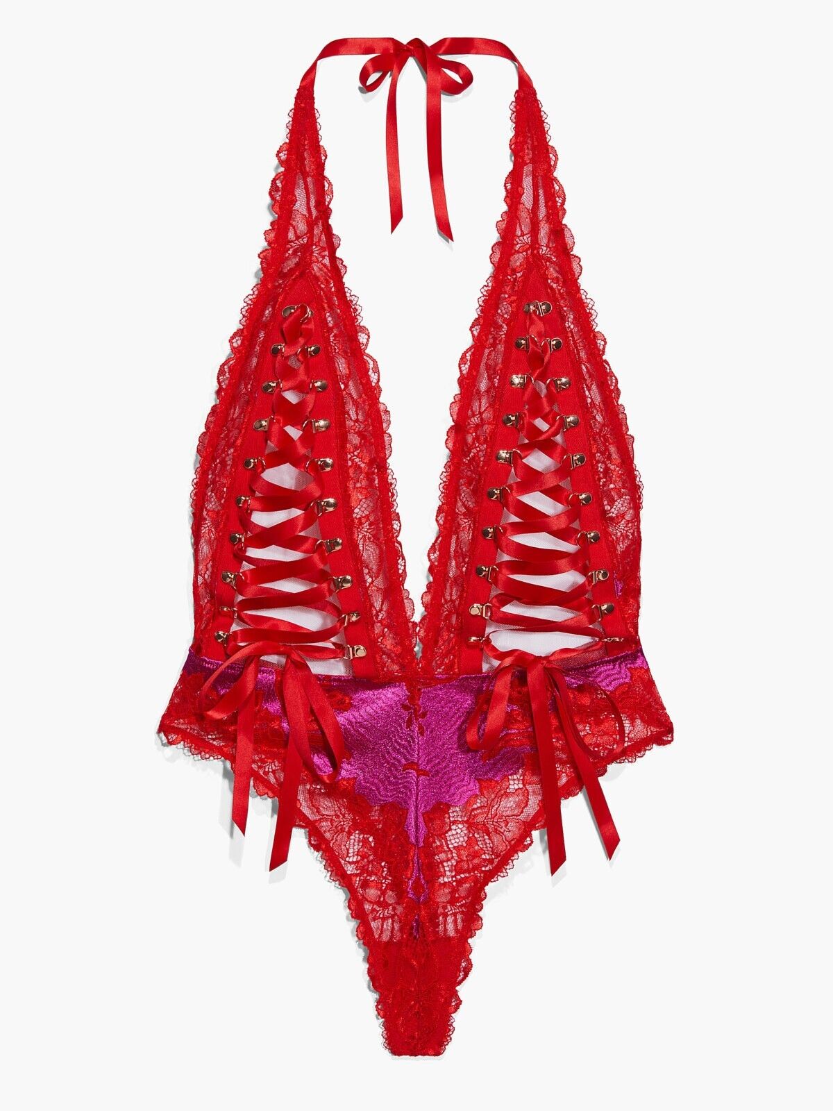 Fenty Savage Womens XS Lace d Up Teddy Lingerie Goji Berry Red Thong