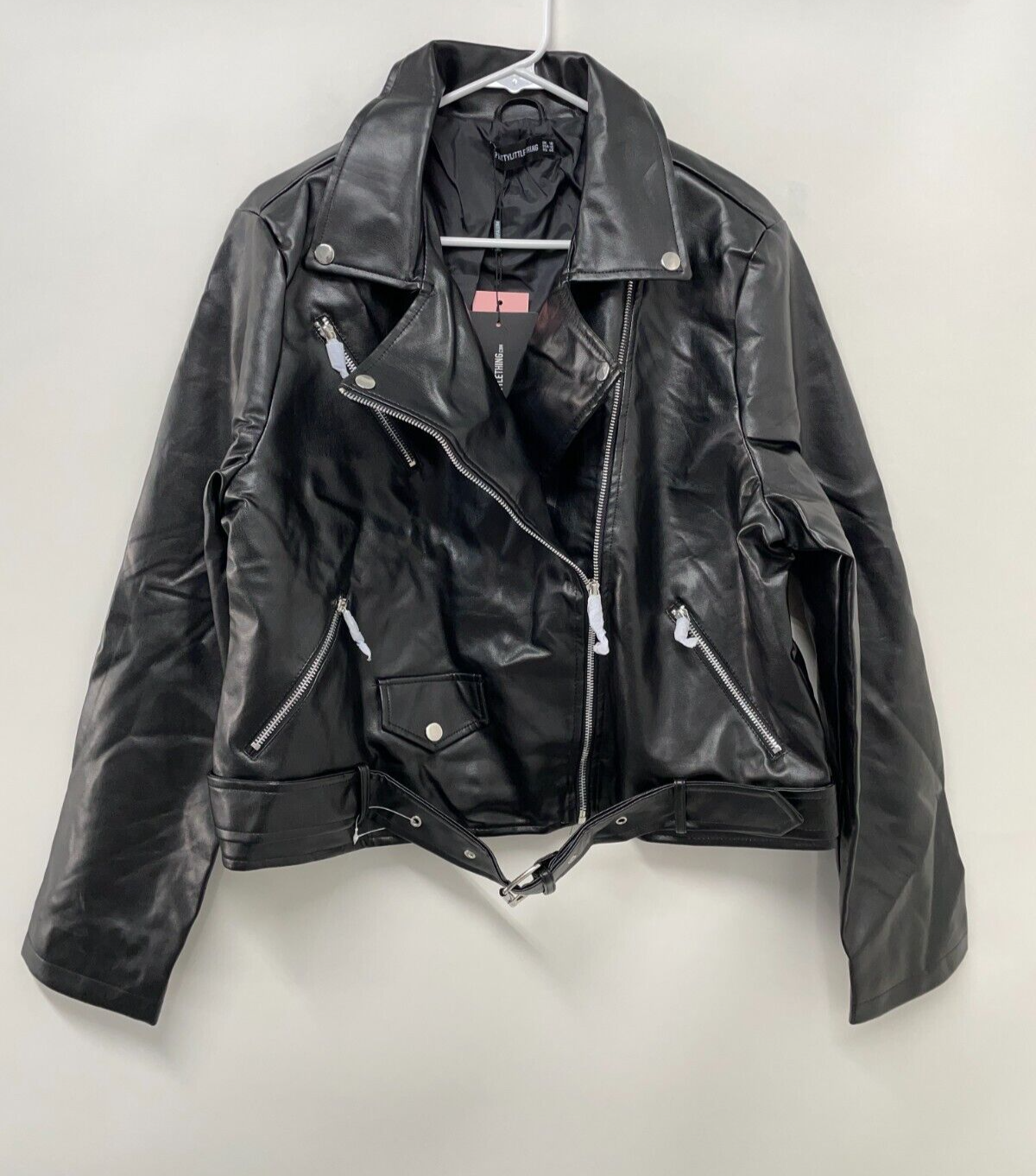 PRETTYLITTLETHING Women's 12 Faux Leather Zip Trim Belted Biker Jacket Black NWT