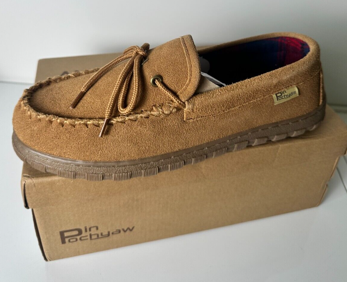 Pinpochyaw Men's 10 Suede Indoor Outdoor Moccasin Slippers Chestnut Brown JH042
