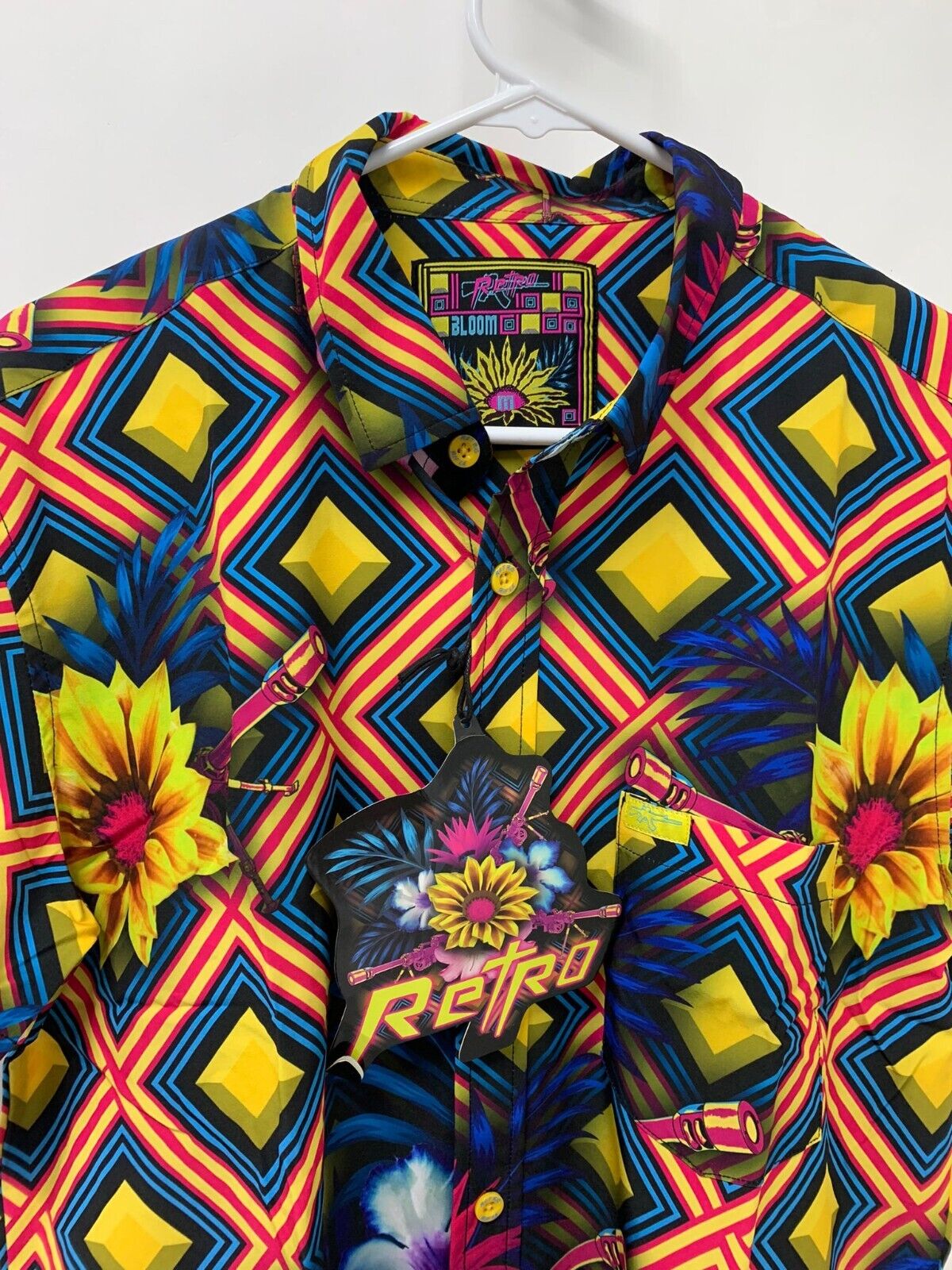 Retro Rifle Mens M Bloom Yellow Short Sleeve Button Down Shirt Floral Camp