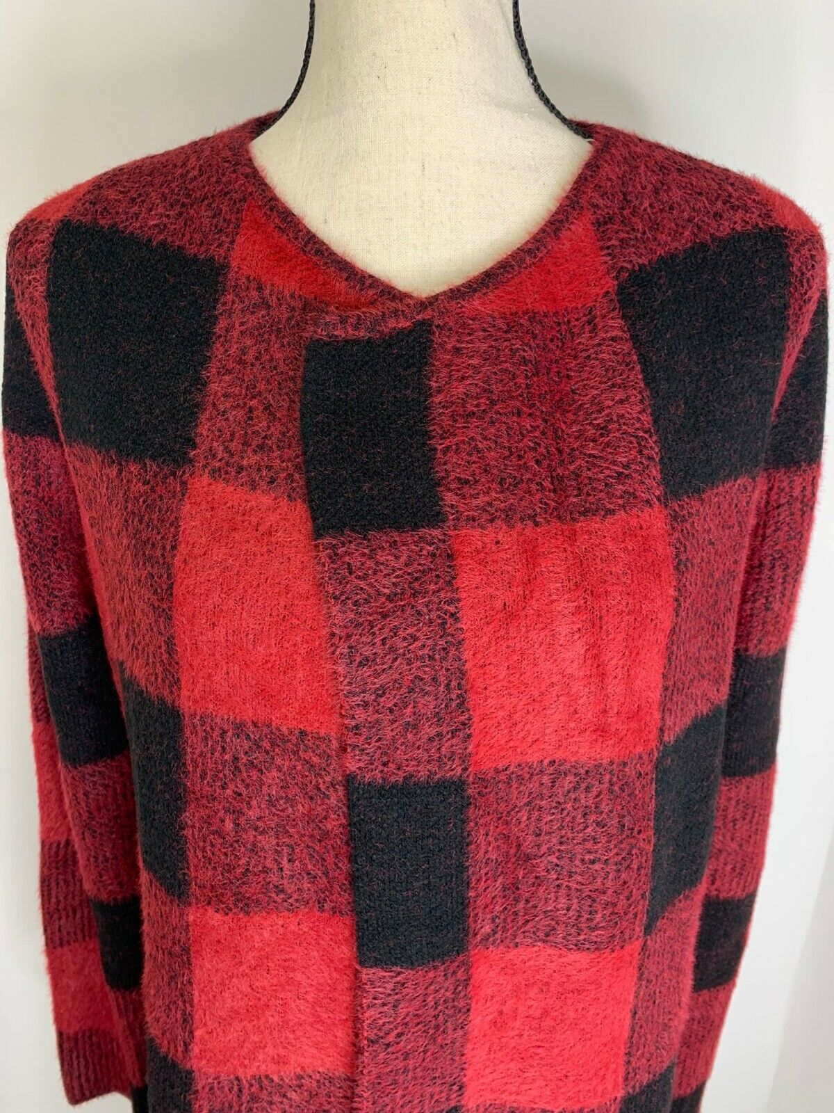 Through the Country Door Womens M Buffalo Plaid Eyelash Sweater Duster Cardigan