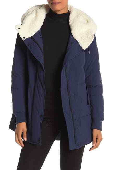 Marc New York Womens S Navy Faux Shearling Lined Hooded Puffer Coat Jacket NWT