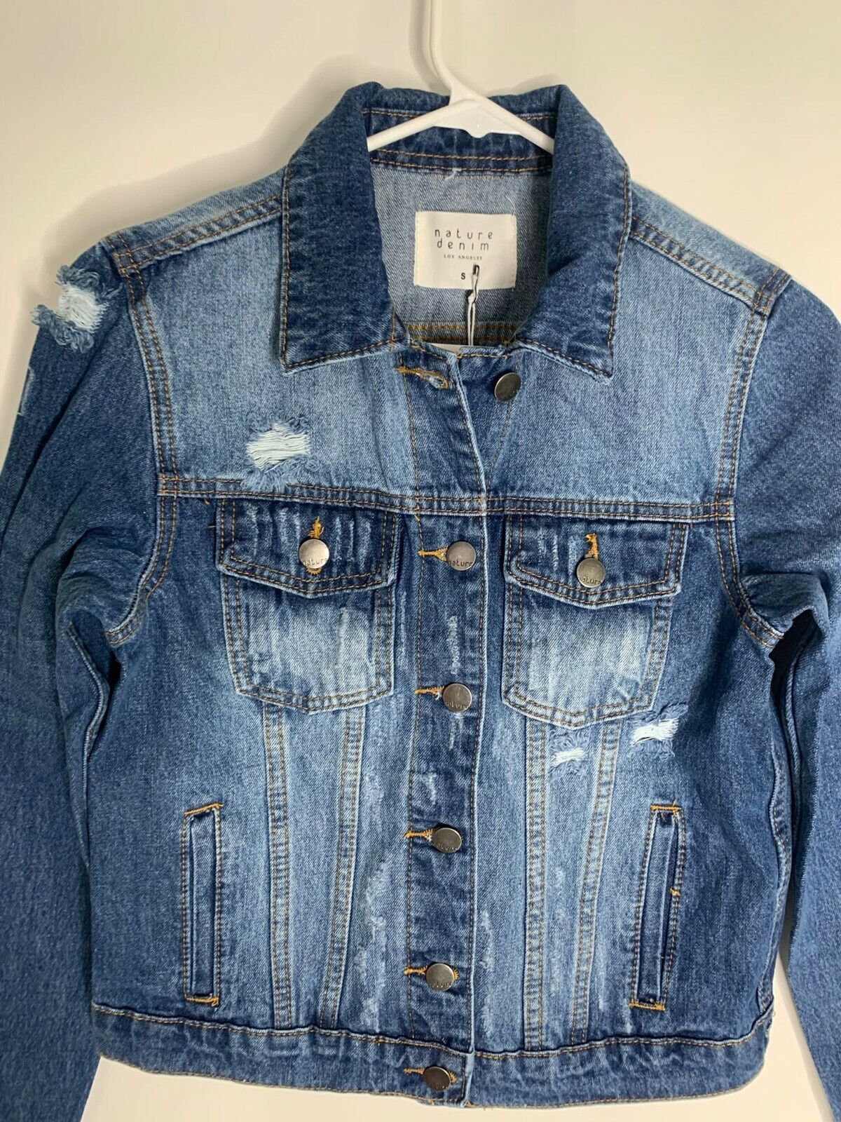 Nature Denim Womens S Distressed Ripped Denim Jean Trucker Jacket Fray Sleeve