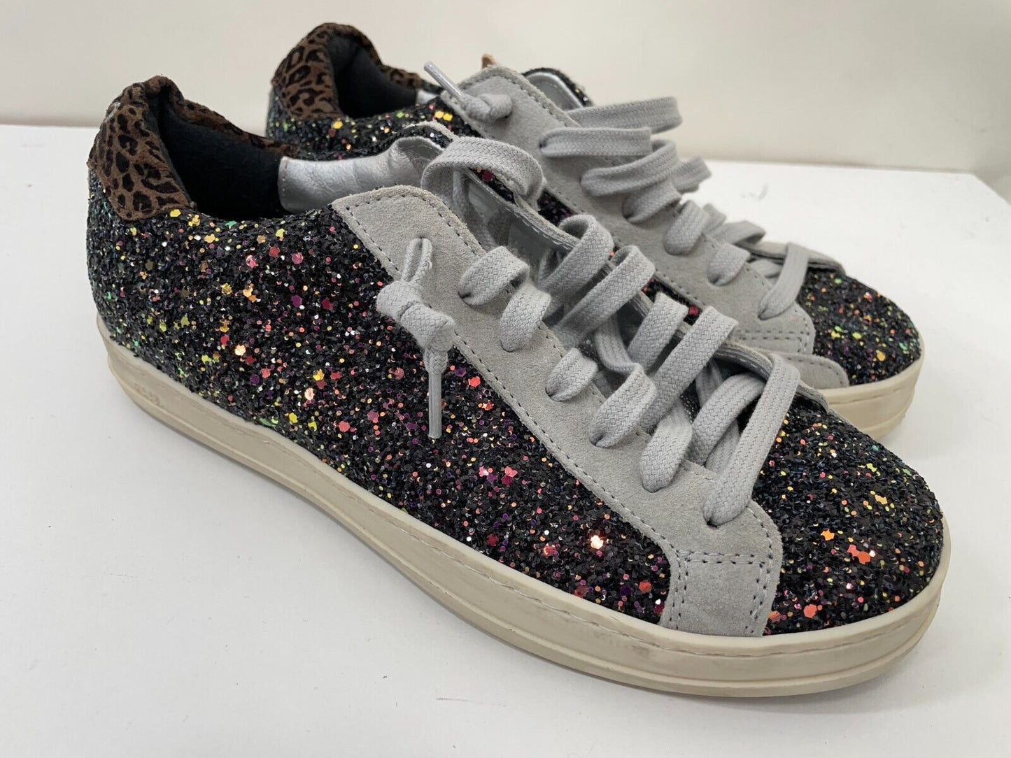 P448 Womens 36 John Glitter Melange Low Top Sneaker Black Gray Leather Shoes