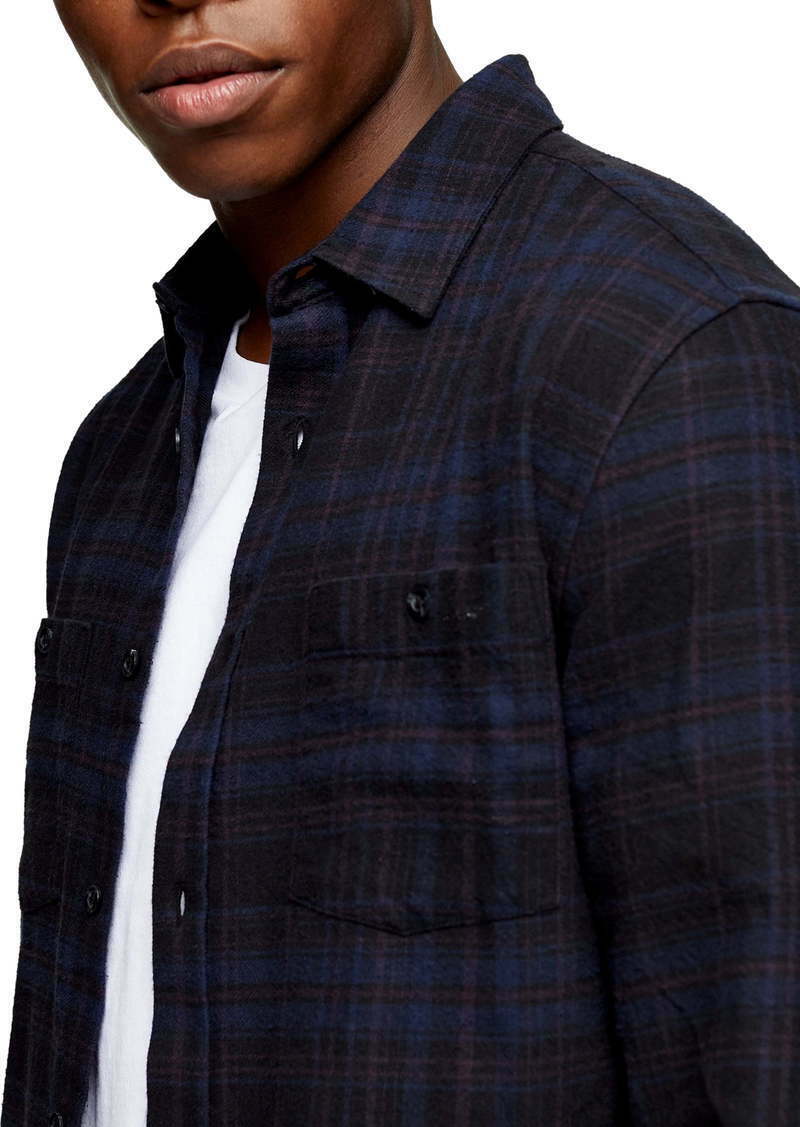 Topman Mens S Navy Blue Gothic Check Plaid Button-Up Sport Shirt Flannel