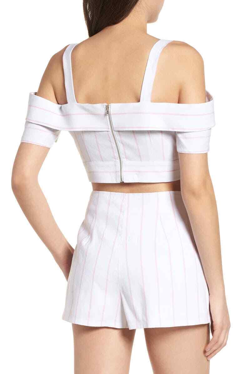 Leith Womens XXL White Blush Pink Cold Shoulder Crop Top Linen Blend