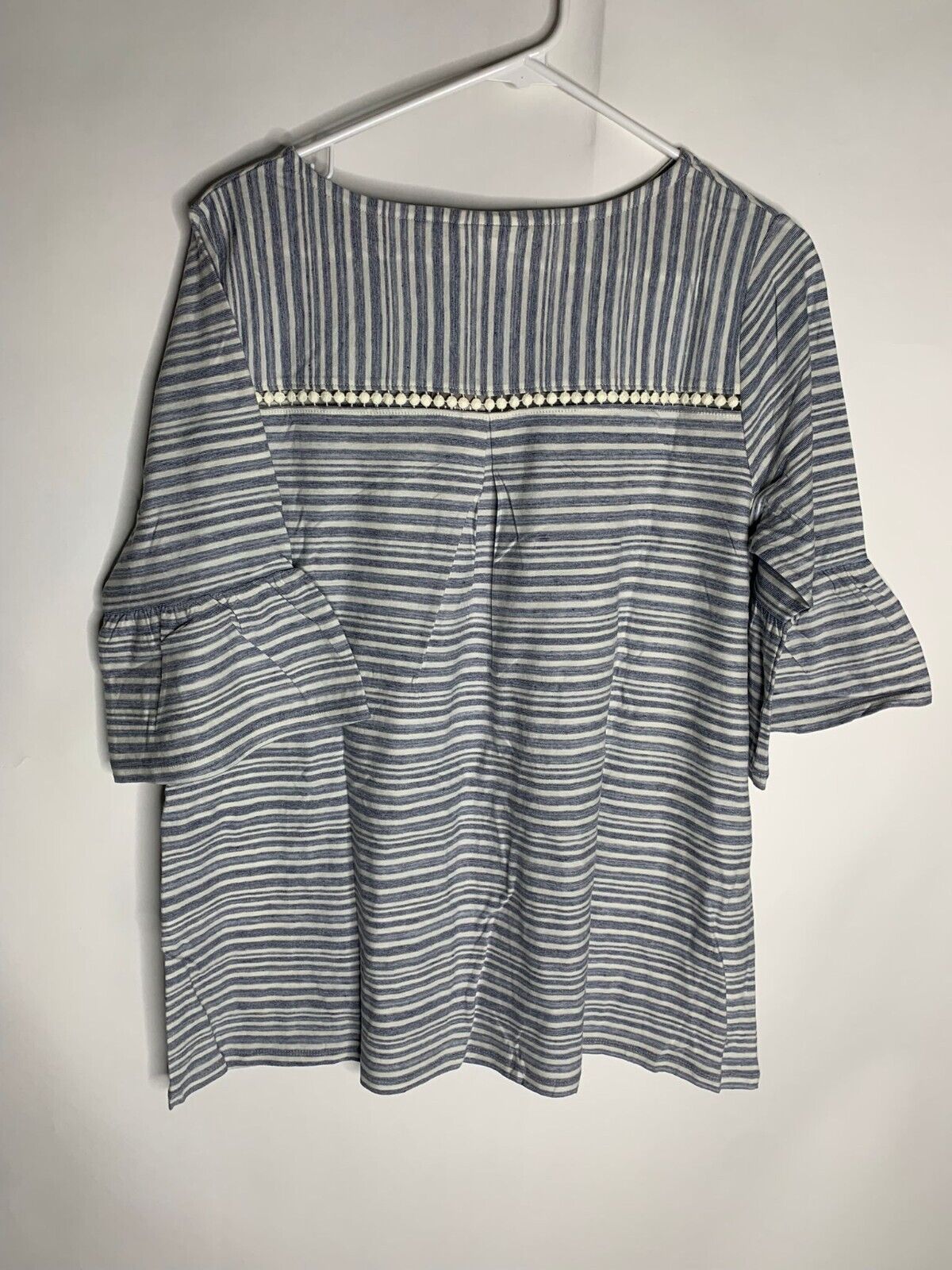 J Jill Womens M Boat Neck Flounced Sleeve T Shirt Top Stripe Everyday Blue
