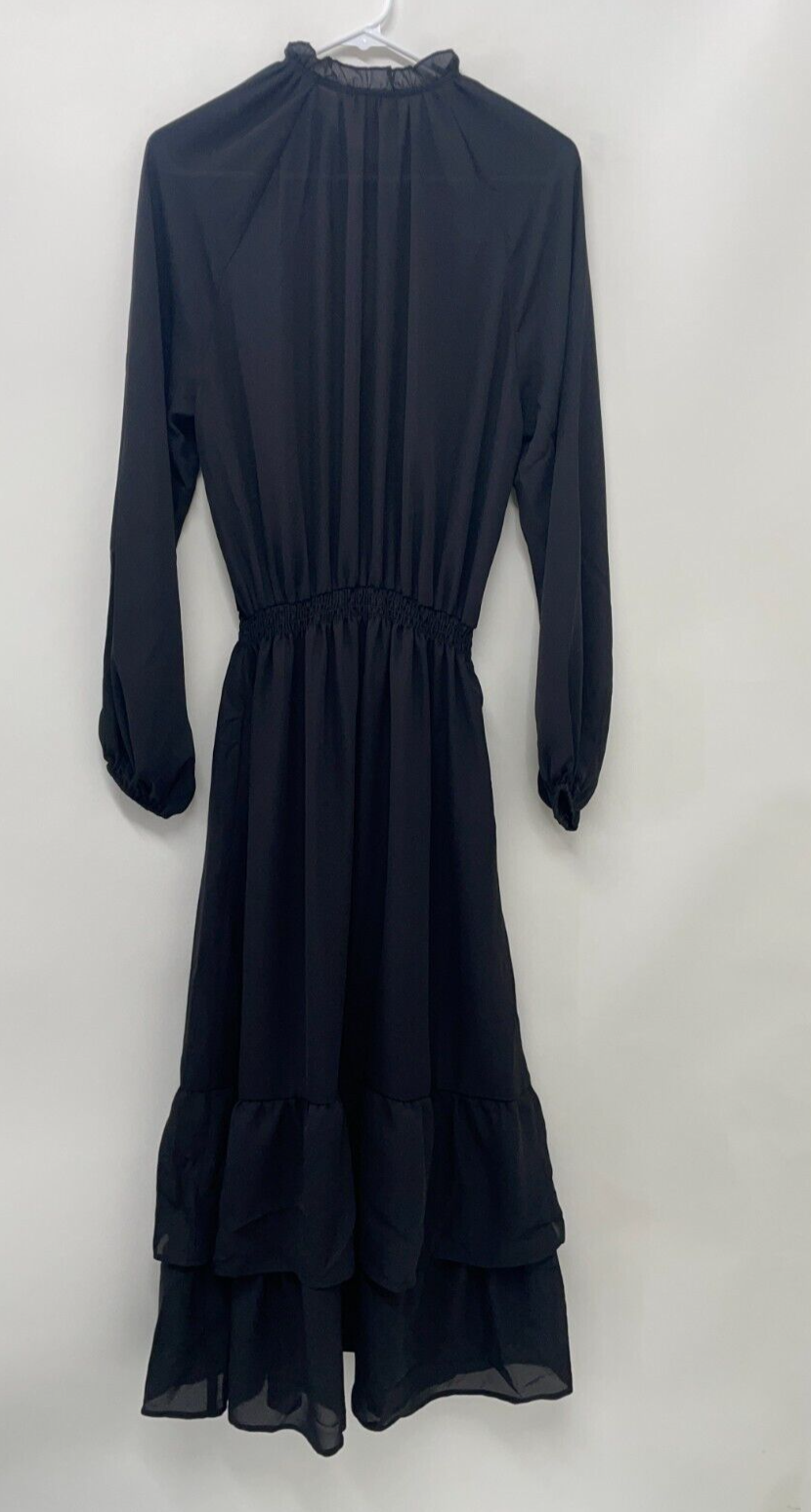 Show Me Your Mumu Womens L Cait Midi Dress Black Ruffles V-Neck Tiered MS2-5093