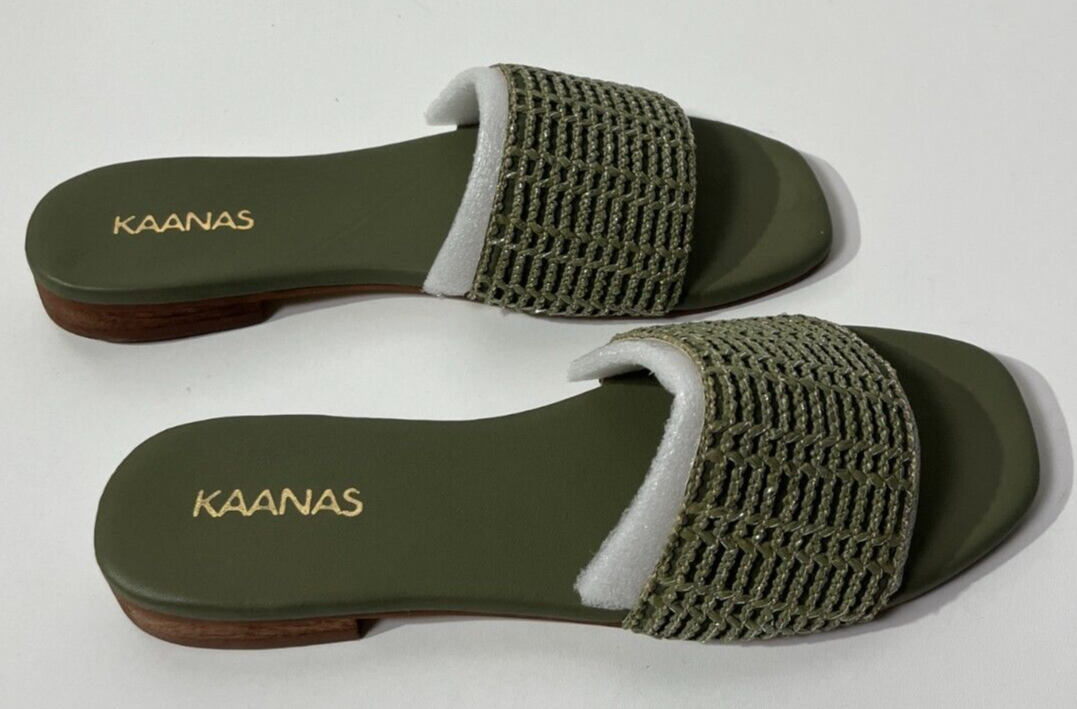 KAANAS Women's 8M Sardinal Metallic Fishnet Slide Sandal Olive Green S00115R
