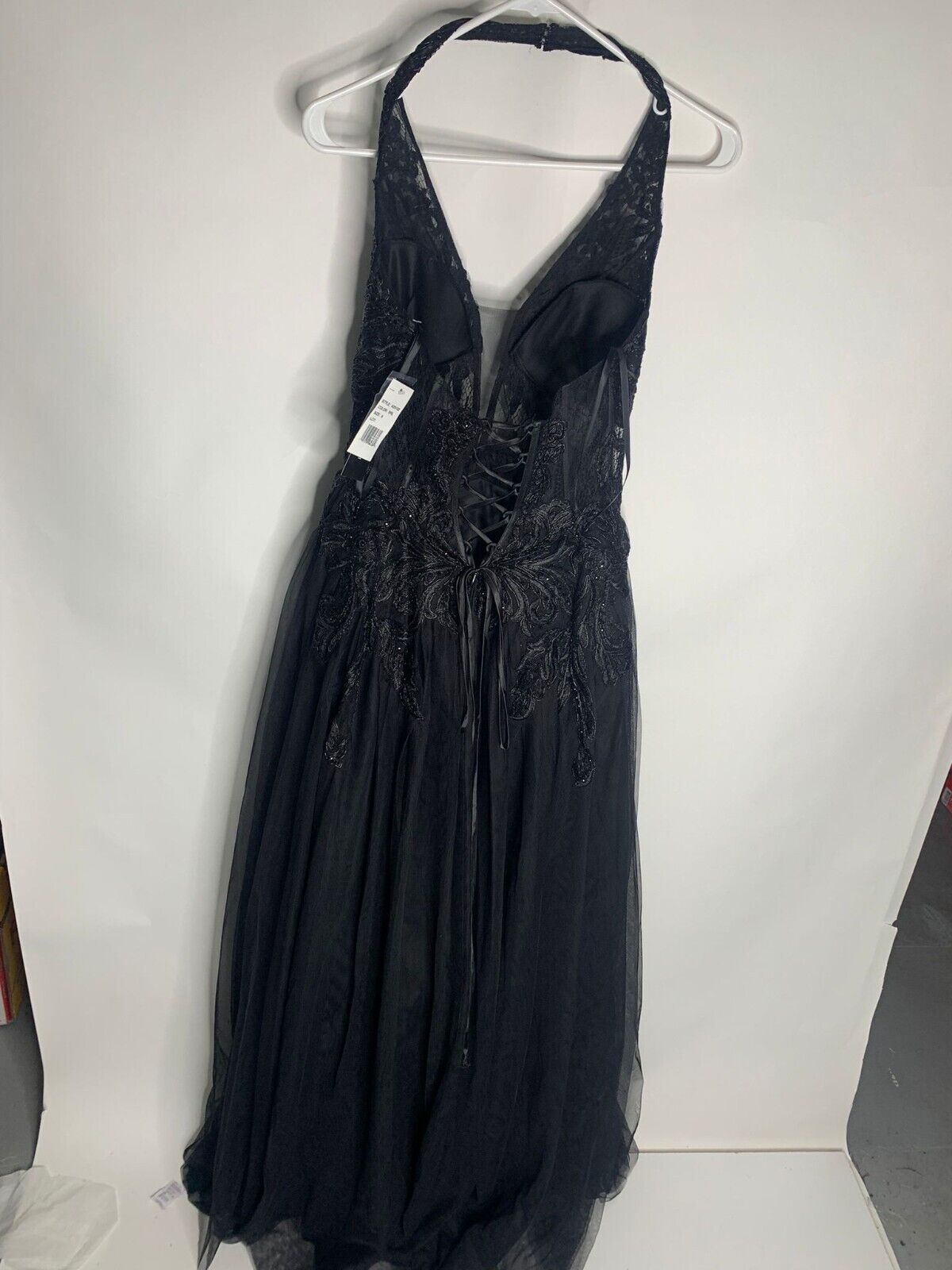 Betsy & Adam Womens 6 Corset-Bodice Fit & Flare Gown Black Lace Up Dress Halter