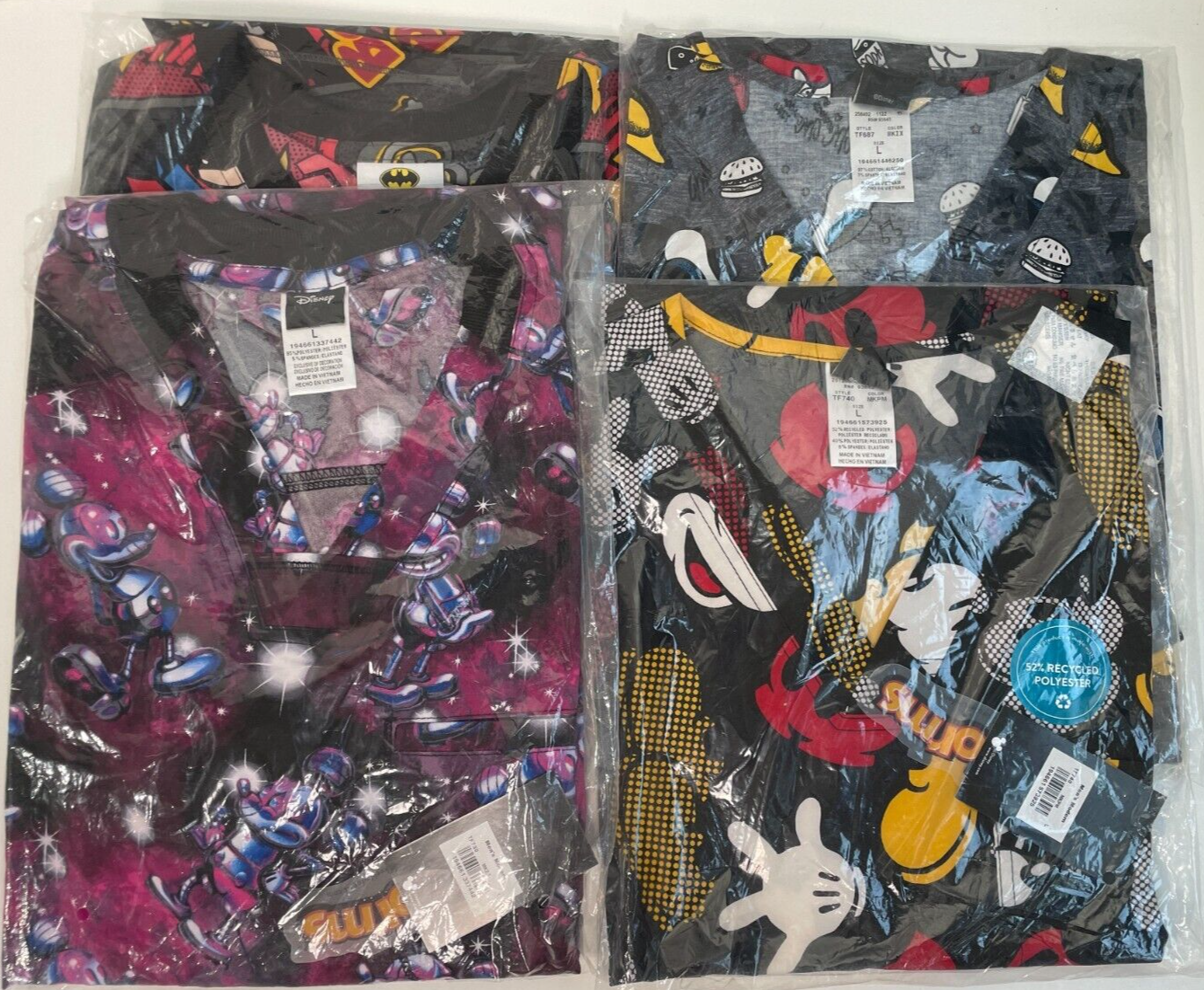 Lot of 4 Tooniforms Adult L Batman Mickey Mouse Print Scrub Top Black Disney