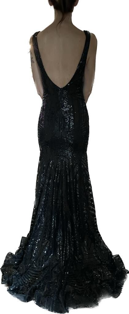 Vnaix Womens 2 Sequin V Neck Sleeveless Ball Gown Black Dress Wedding Train