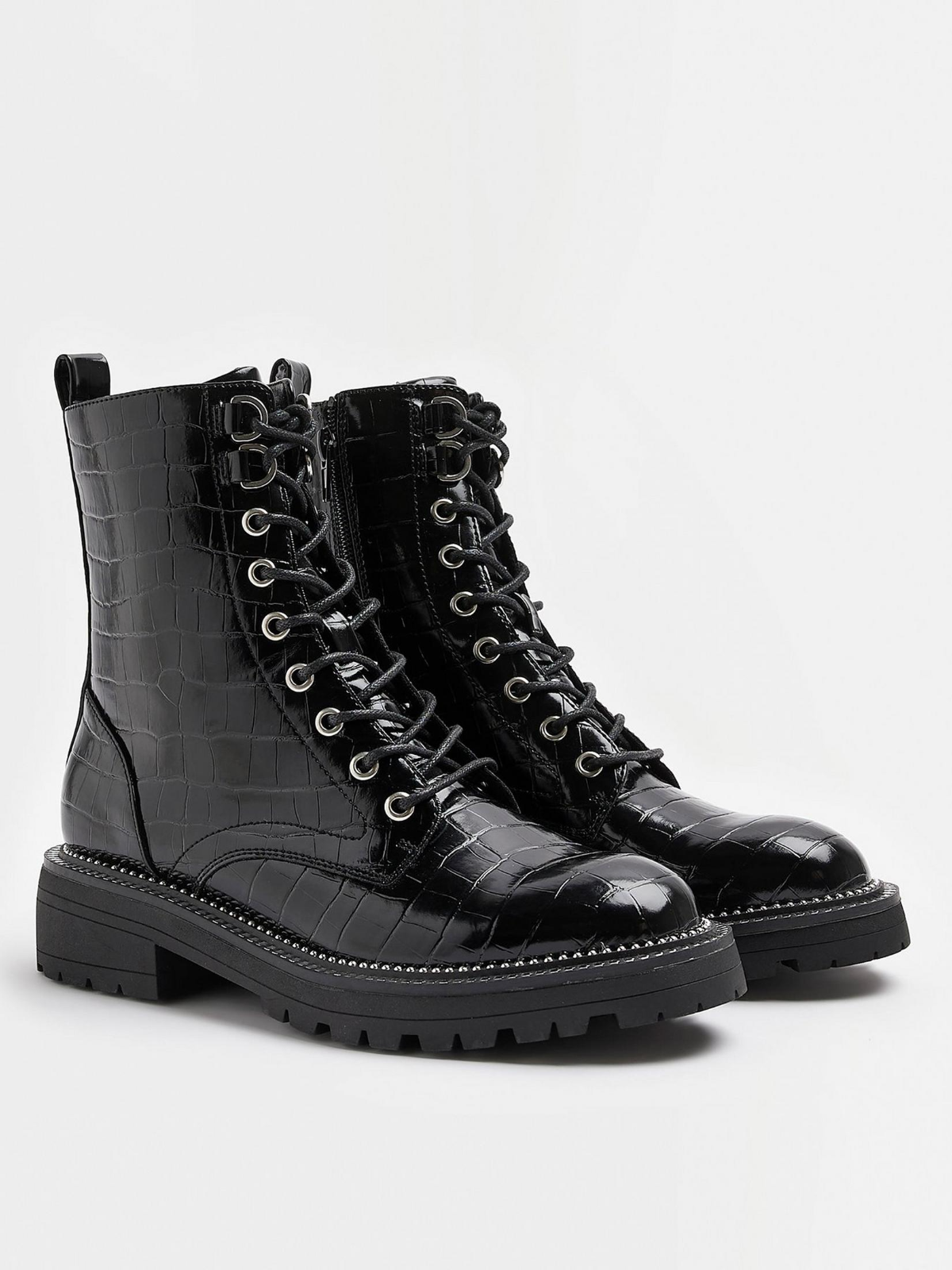 River Island Womens 6 Wide Fit Silver Rand Lace Up Boot Black Aliigator Biker