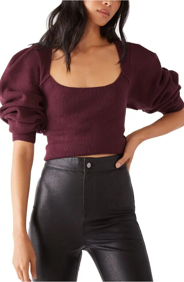 Free People Womens M Saffron Top Open Back Sweater Pomegranate Wine Puff Sleeve