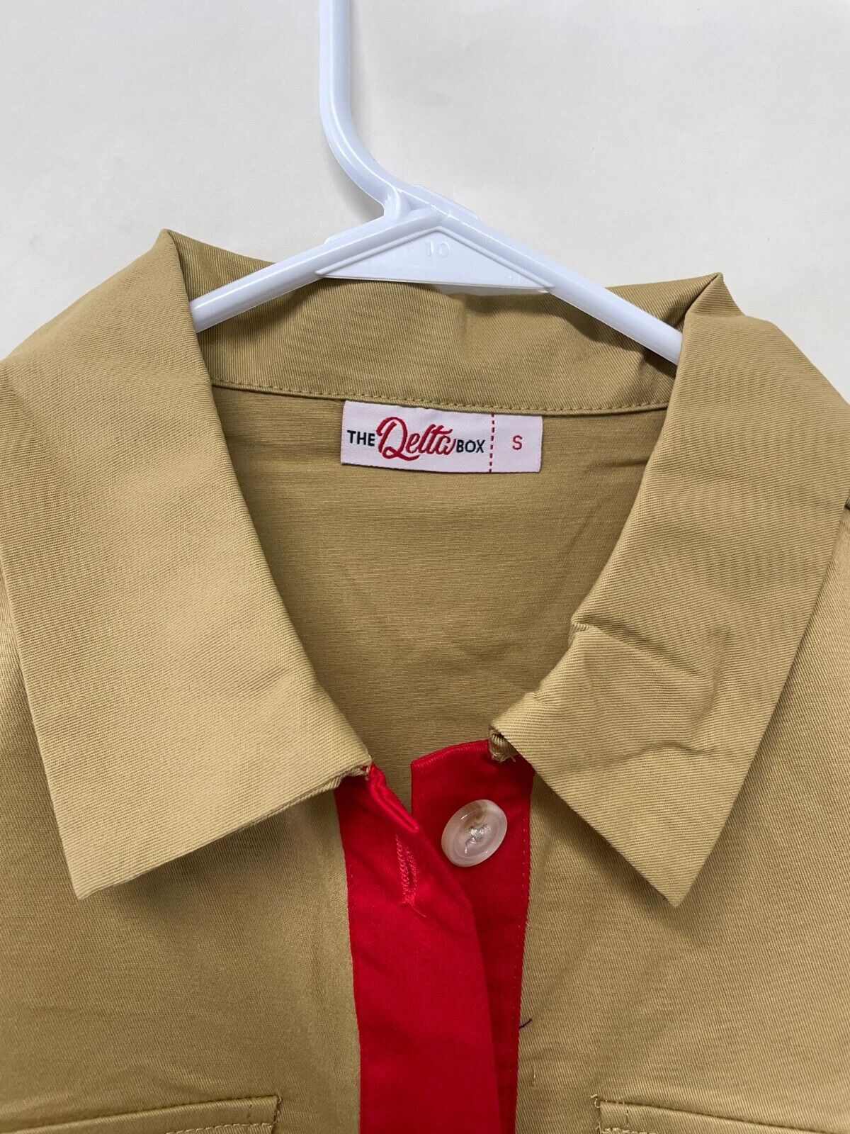 The Delta Box Sigma Theta Womens S Tan Colorblock Belted Army Dress Button Down
