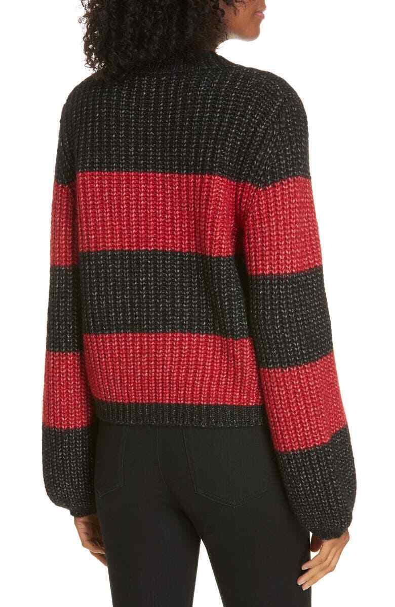 La Ligne Women S Red Black Knit Colorblock Balloon Sleeve Crop Sweater Mock Neck