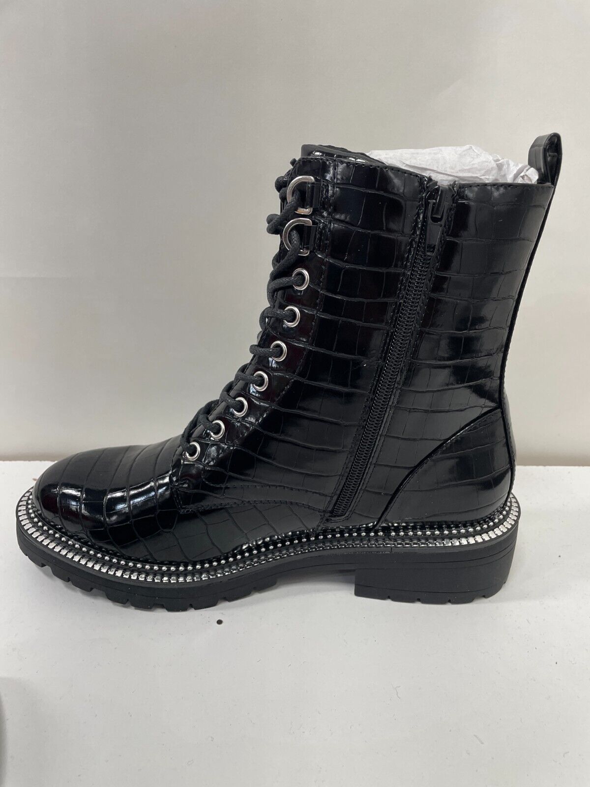 River Island Womens 6 Wide Fit Silver Rand Lace Up Boot Black Aliigator Biker