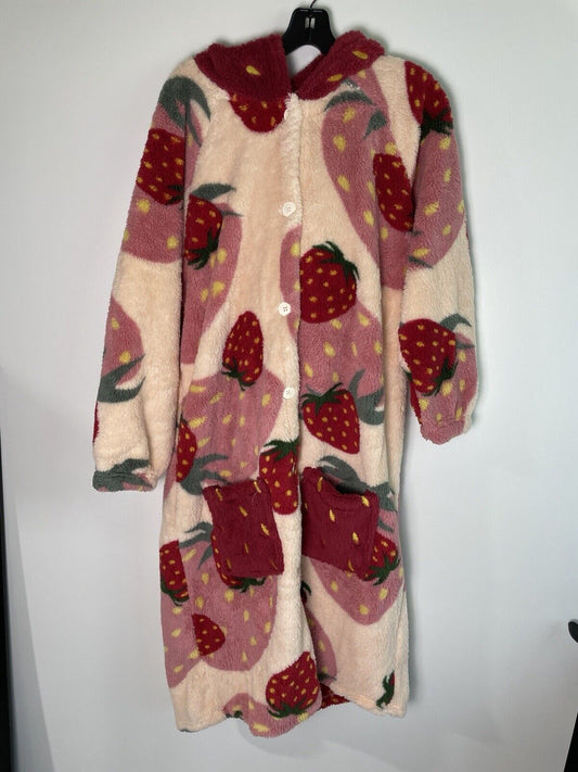 Womens XL Japanese Lolita Sweet strawberry Bath Robe Hooded Plush Sweater Pajama