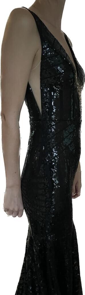 Vnaix Womens 2 Sequin V Neck Sleeveless Ball Gown Black Dress Wedding Train