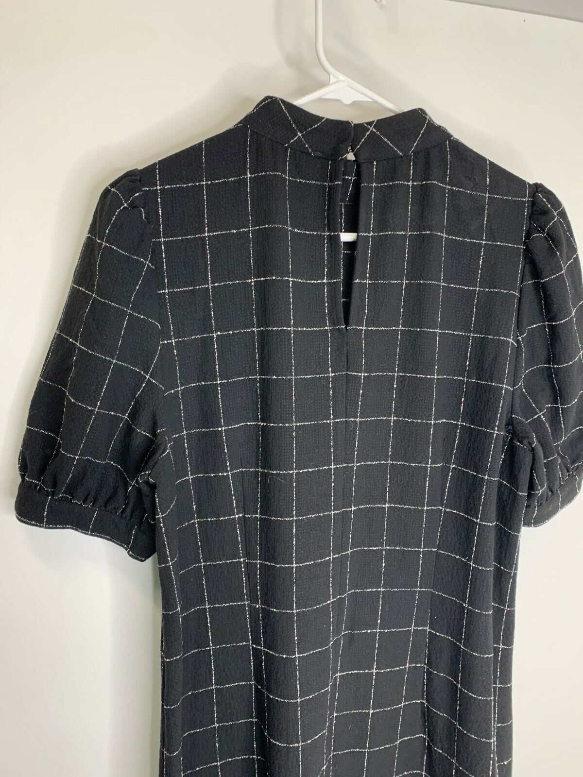 Loft Womens 6 Black White Windowpane Plaid Puff-Sleeve Shift Dress Mock Neck