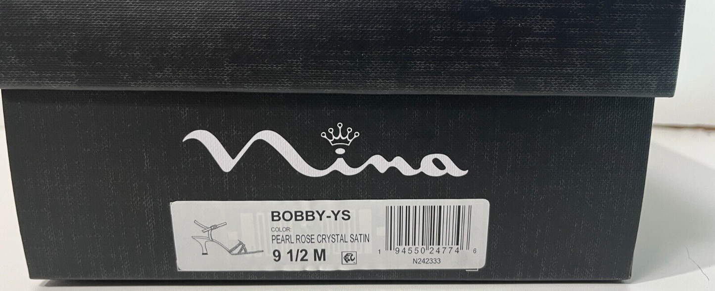 Nina Women's 9.5M Bobby Pearl Rose Satin Crystal Strappy Mid-Heel Dress Sandals